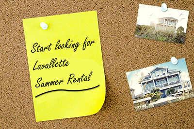 Lavallette summer rental, Corkboard with note on sticky saying start looking for Lavallette summer rental and 2 pictures of houses pinned up
